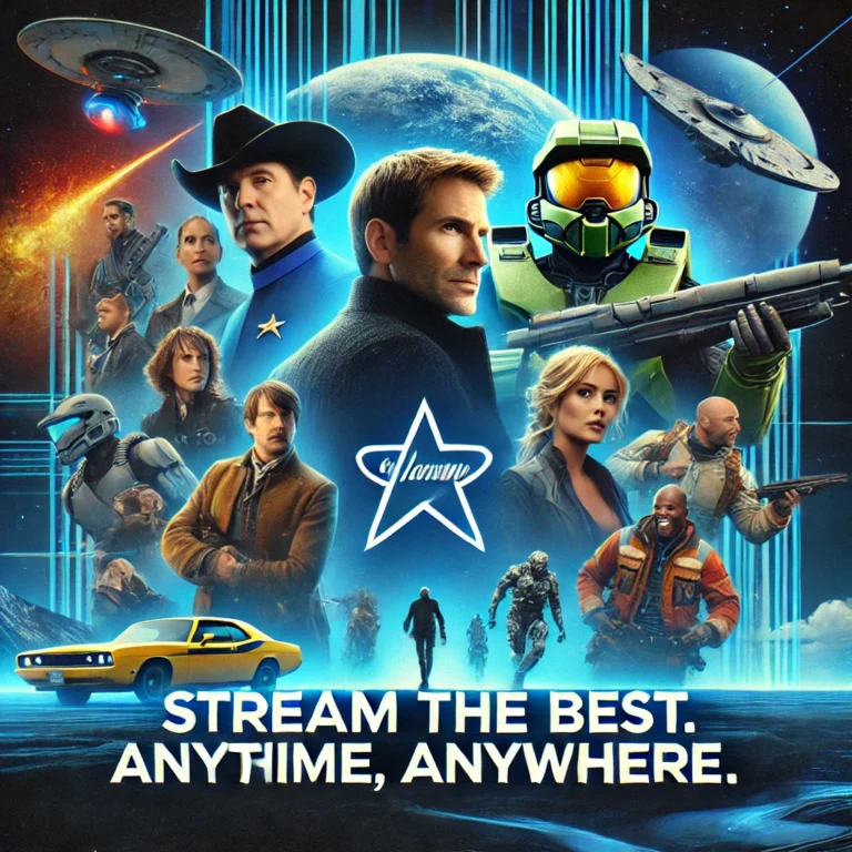 DALL·E 2025-03-03 16.59.54 - A vibrant promotional image for Paramount+, featuring a collage of popular shows and movies like Star Trek, Halo, and Yellowstone