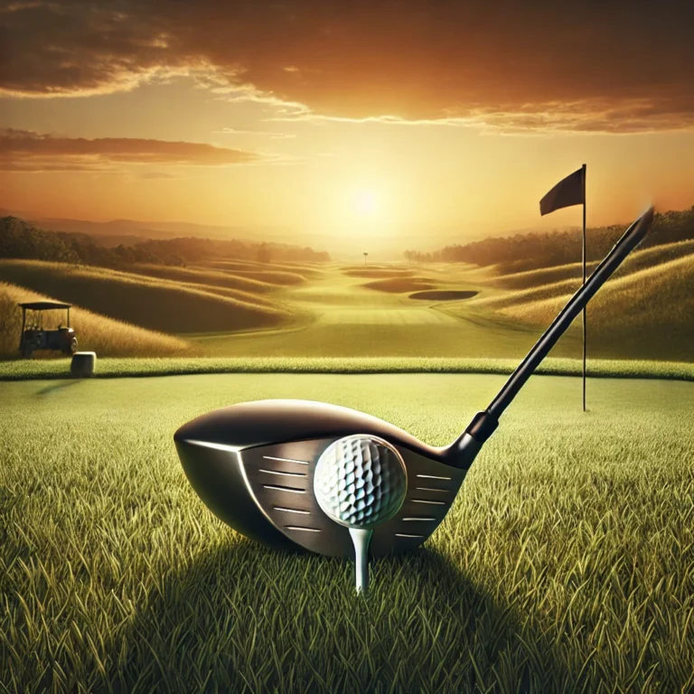 DALL·E 2025-03-03 17.06.29 - A high-quality image of a golf course at sunset with a golf ball on a tee and a sleek driver club ready to hit